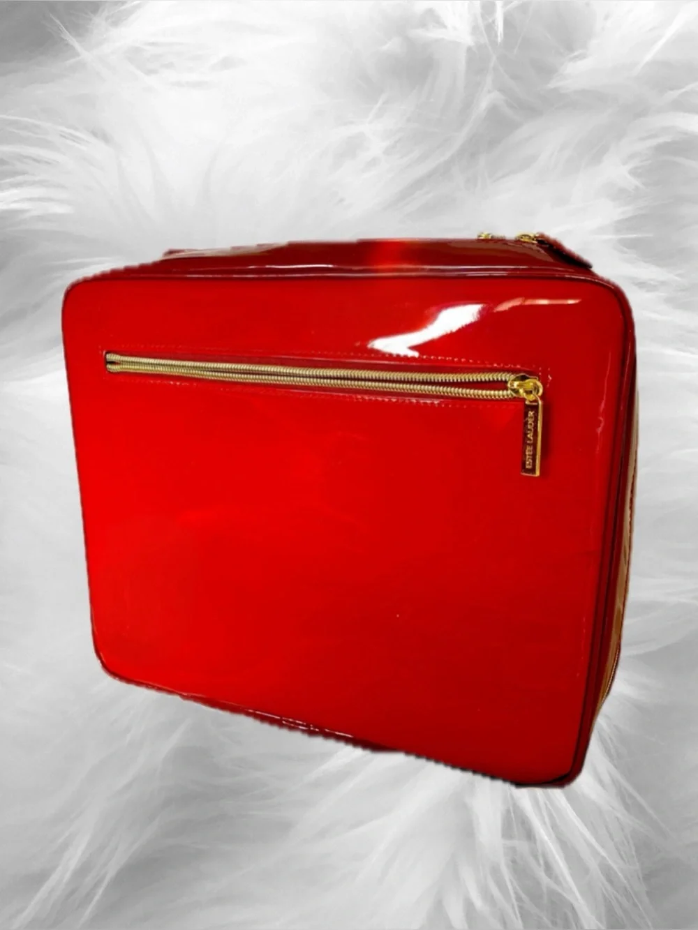 Estee Lauder Sleek Glossy Red Train Cosmetic Vanity Travel Case w/Gold Hardware